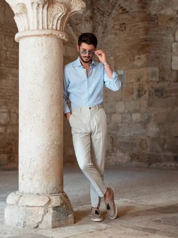 Light Blue Shirt With White Pants