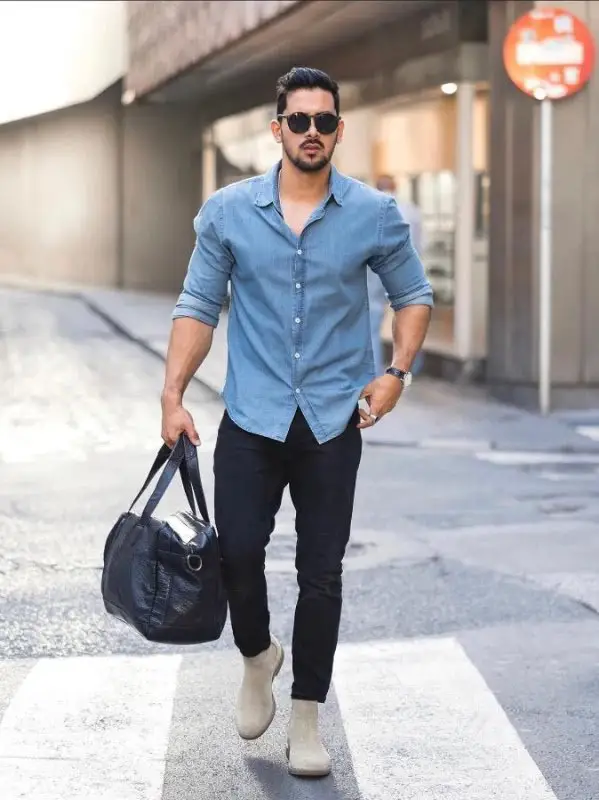 Denim Blue Shirt With Navy Blue