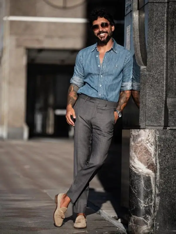 Denim Blue Shirt With Grey