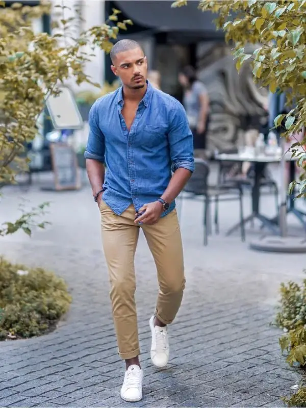 What colour pants will go well with a light blue shirt for casual looks? -  Quora