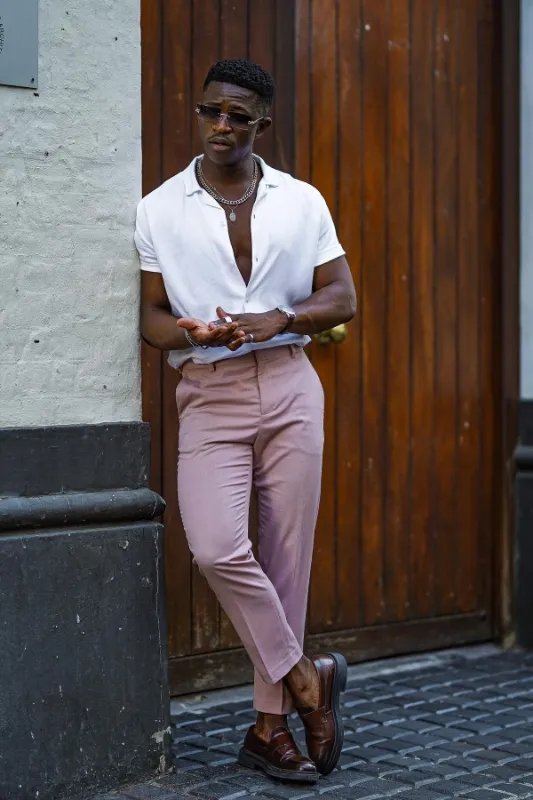 White shirt with pink trousers