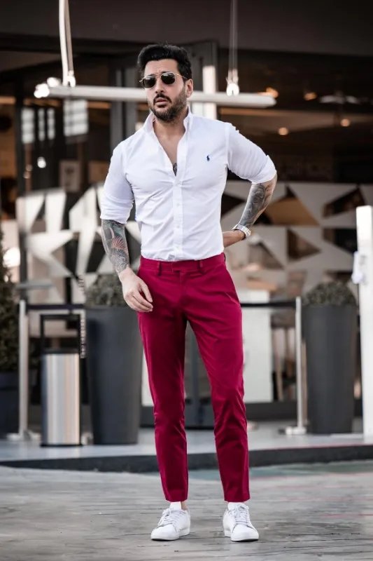 White shirt with red pants