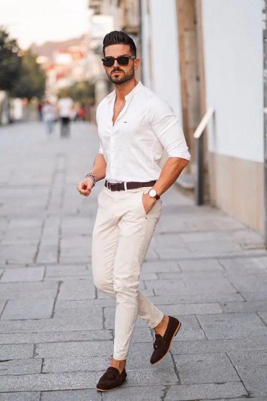 White shirt with cream pants