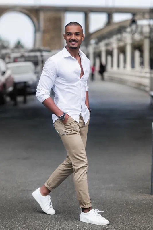 White shirt with beige pants