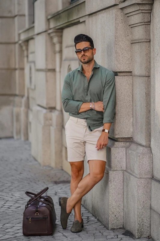 Green Shirt with Beige pants