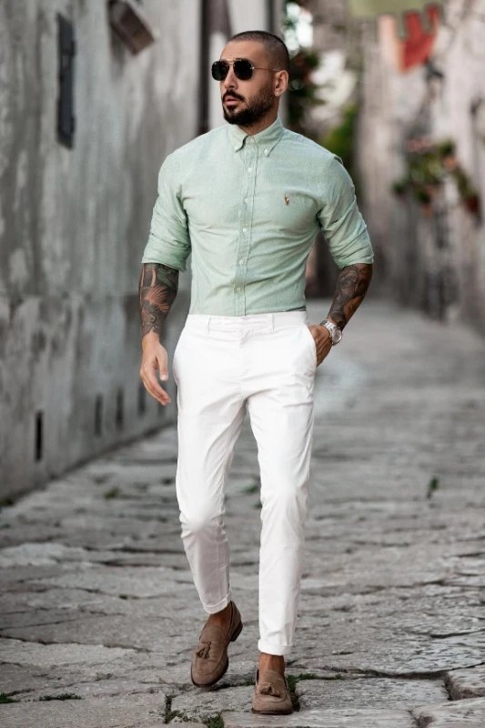 light Green Shirt With White Pants