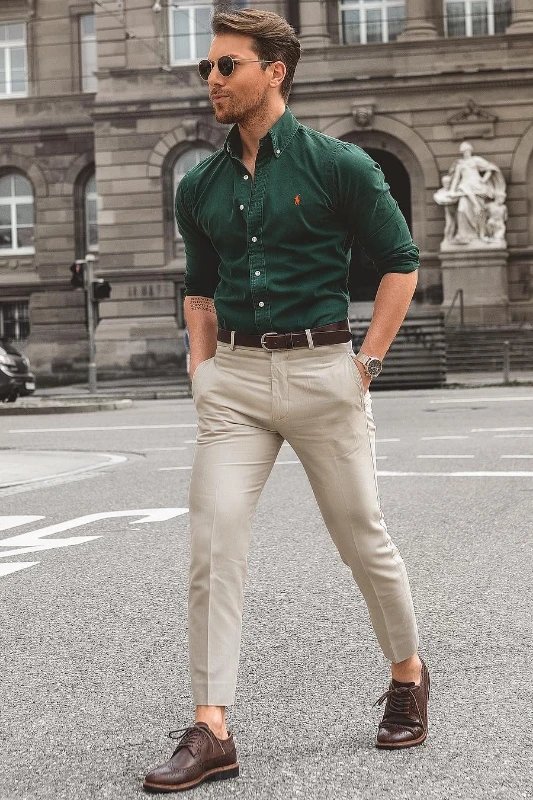 Green Shirt with Beige pants