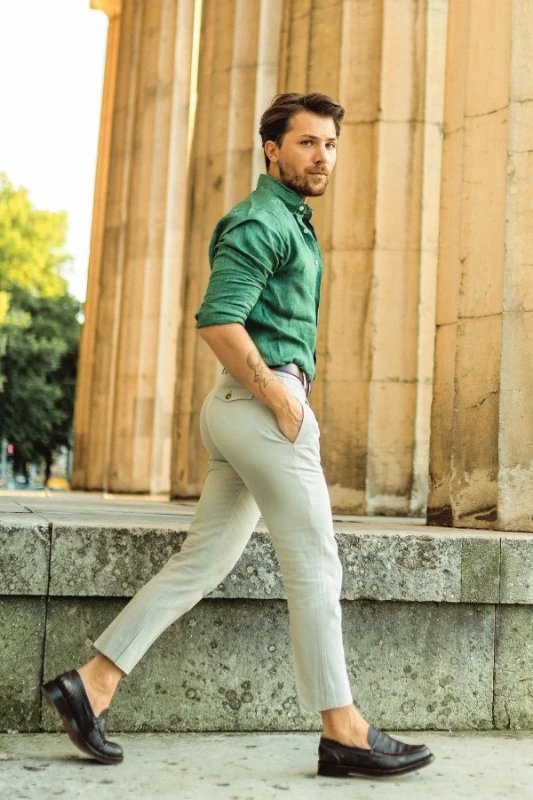 Green Shirt with Grey Pants