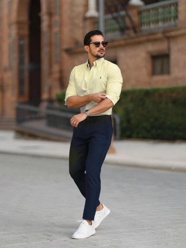 YELLOW SHIRT WITH NAVY BLUE PANTS