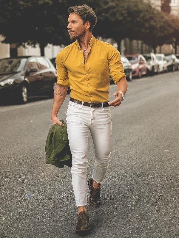 YELLOW SHIRT WITH WHITE PANTS