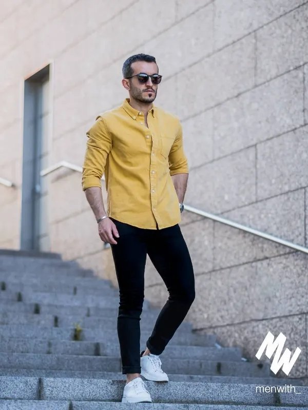 YELLOW SHIRT WITH BLACK PANTS