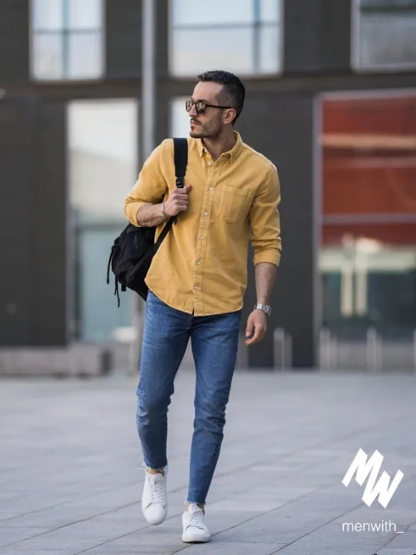 YELLOW SHIRT WITH DENIM BLUE JEANS