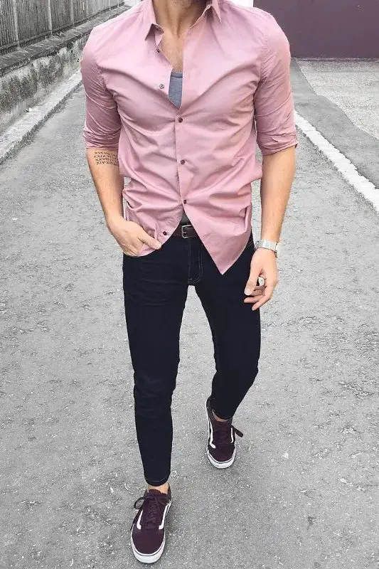 Pink shirt with black trousers