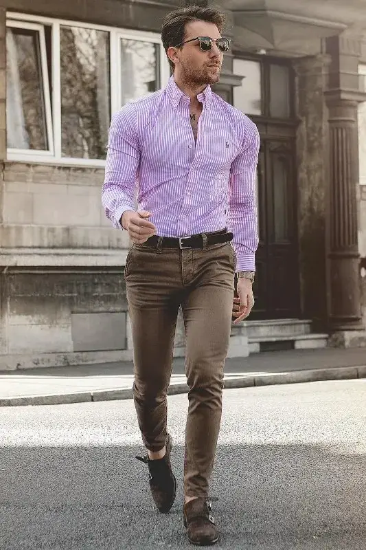PINK SHIRT WITH COFFEE BROWN PANTS