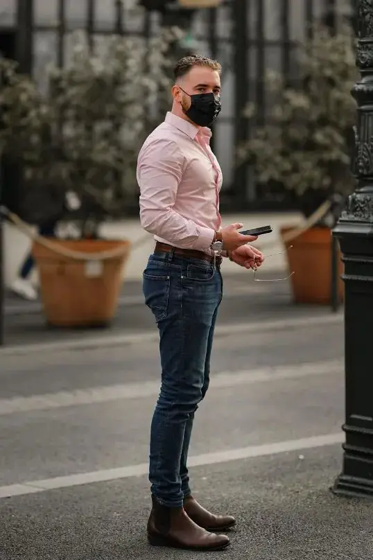 Pink shirt with blue denim jeans