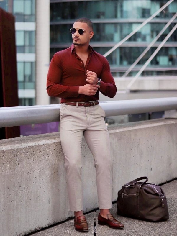 Red shirt with beige pants