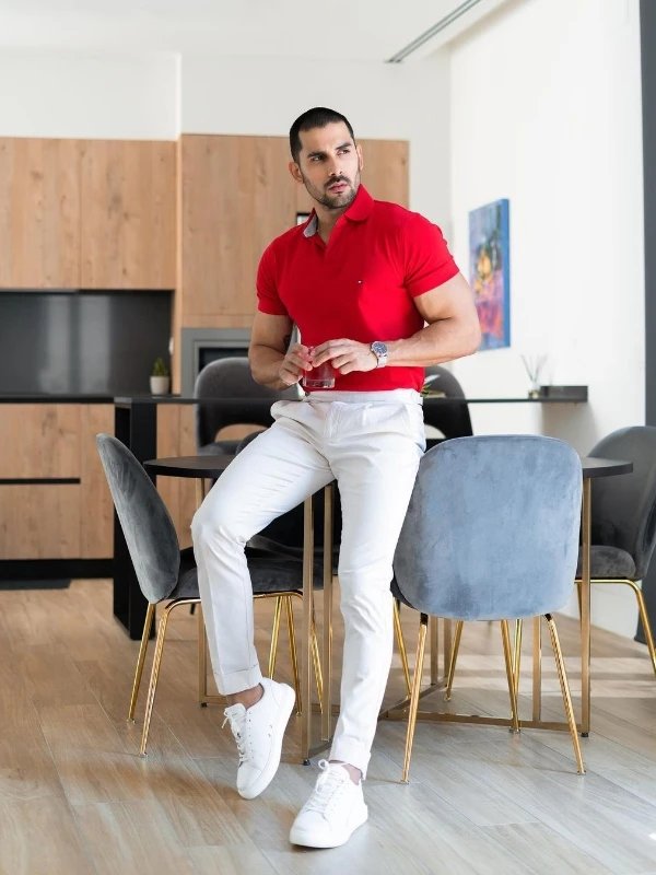 Red shirt with white pants