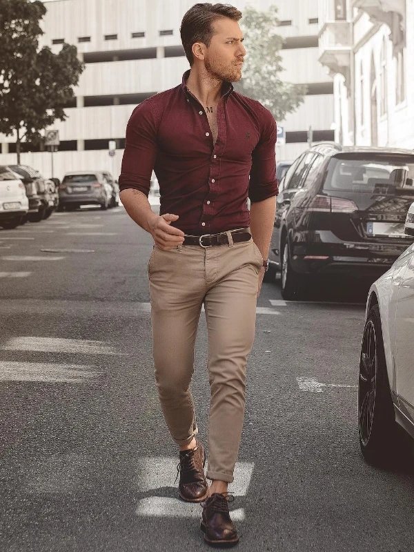 Red shirt with beige pants