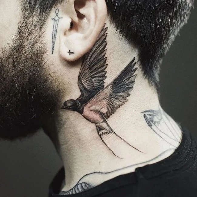Bird flying, behind the ears tatoo design.