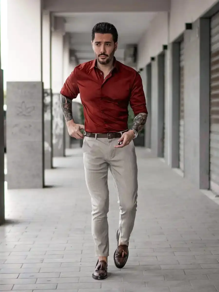 Maroon Shirt with Beige/Khaki Pants