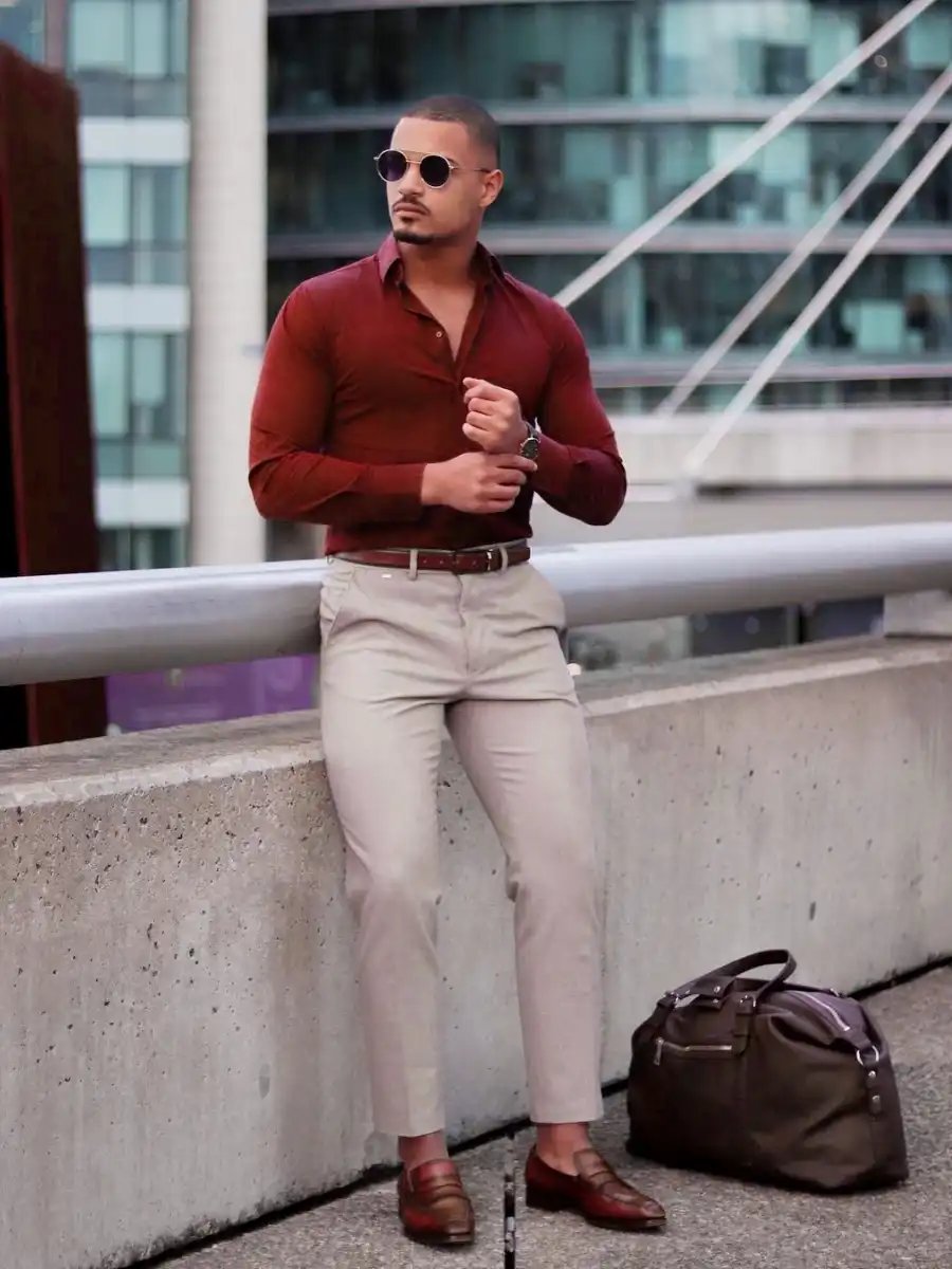 Maroon Shirt with Beige/Khaki Pants