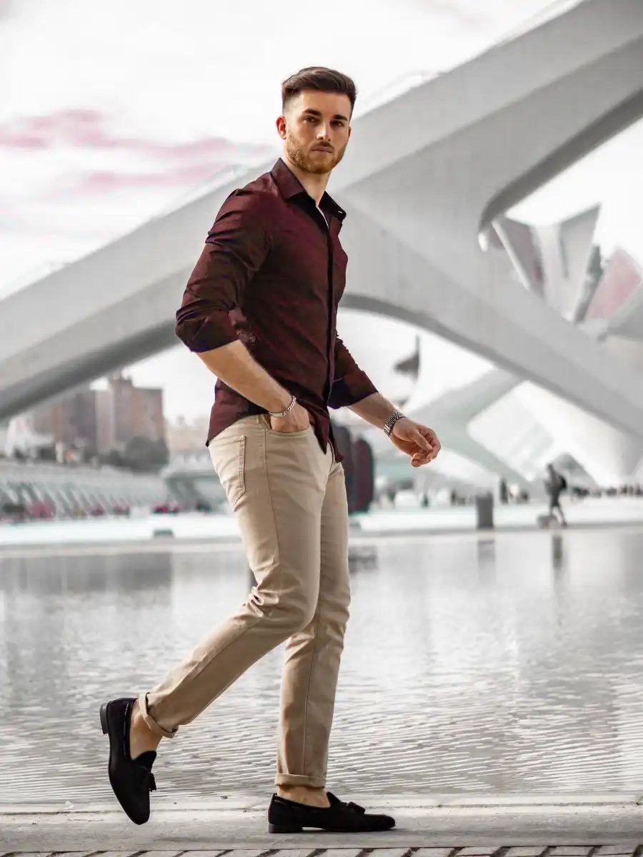 Maroon Shirt with Beige/Khaki Pants