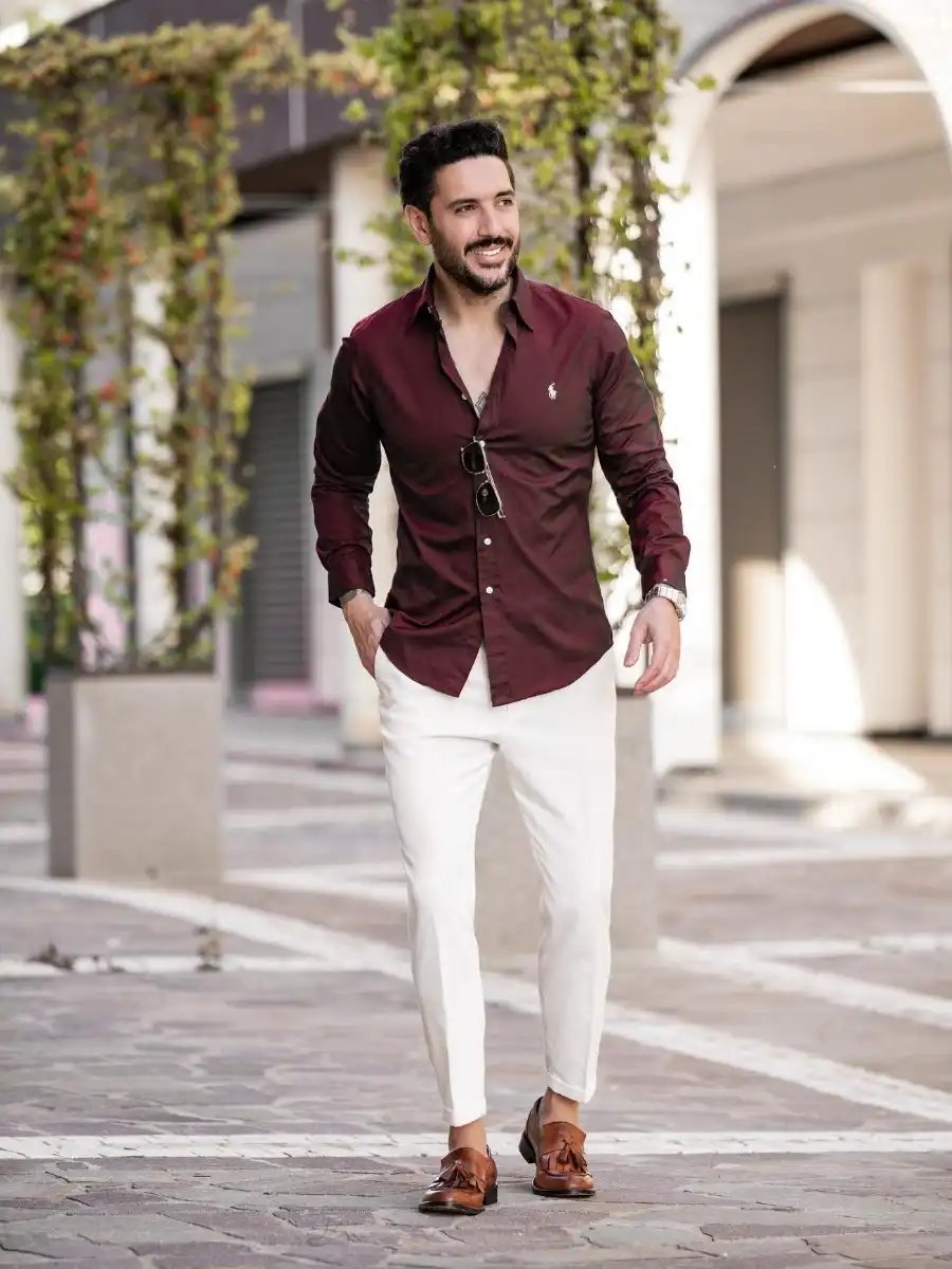 Maroon Shirt with White Pants