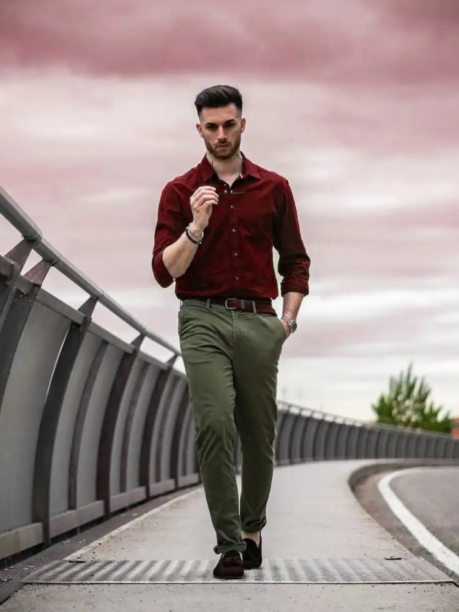 Maroon Shirt with Olive Green Pants