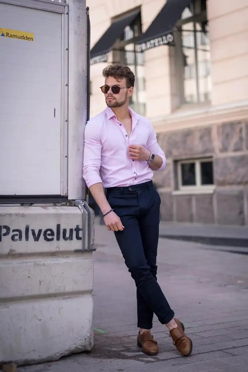 Blue Chinos with Hot Pink Dress Shirt Smart Casual Summer Outfits After 40  2 ideas  outfits  Lookastic