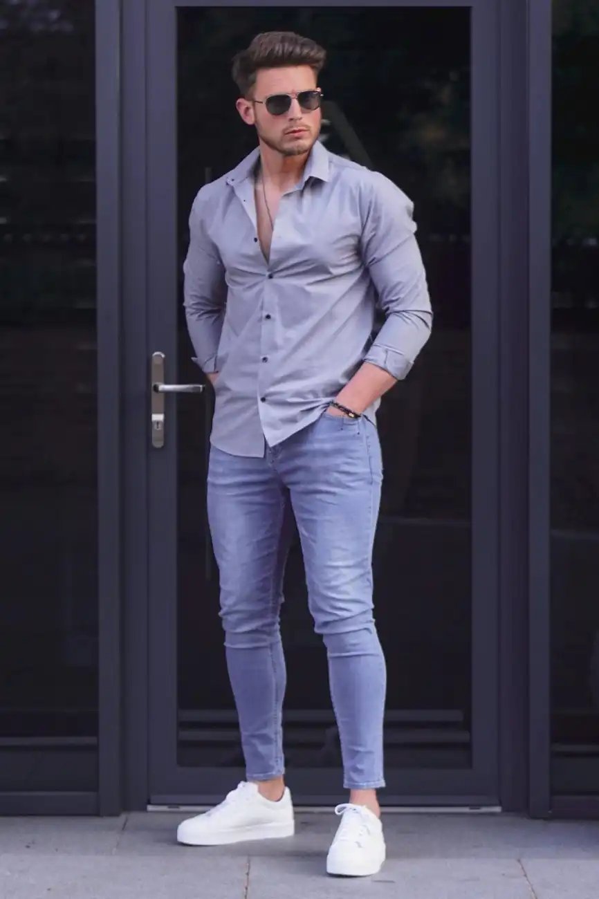 Grey shirt with blue jeans 