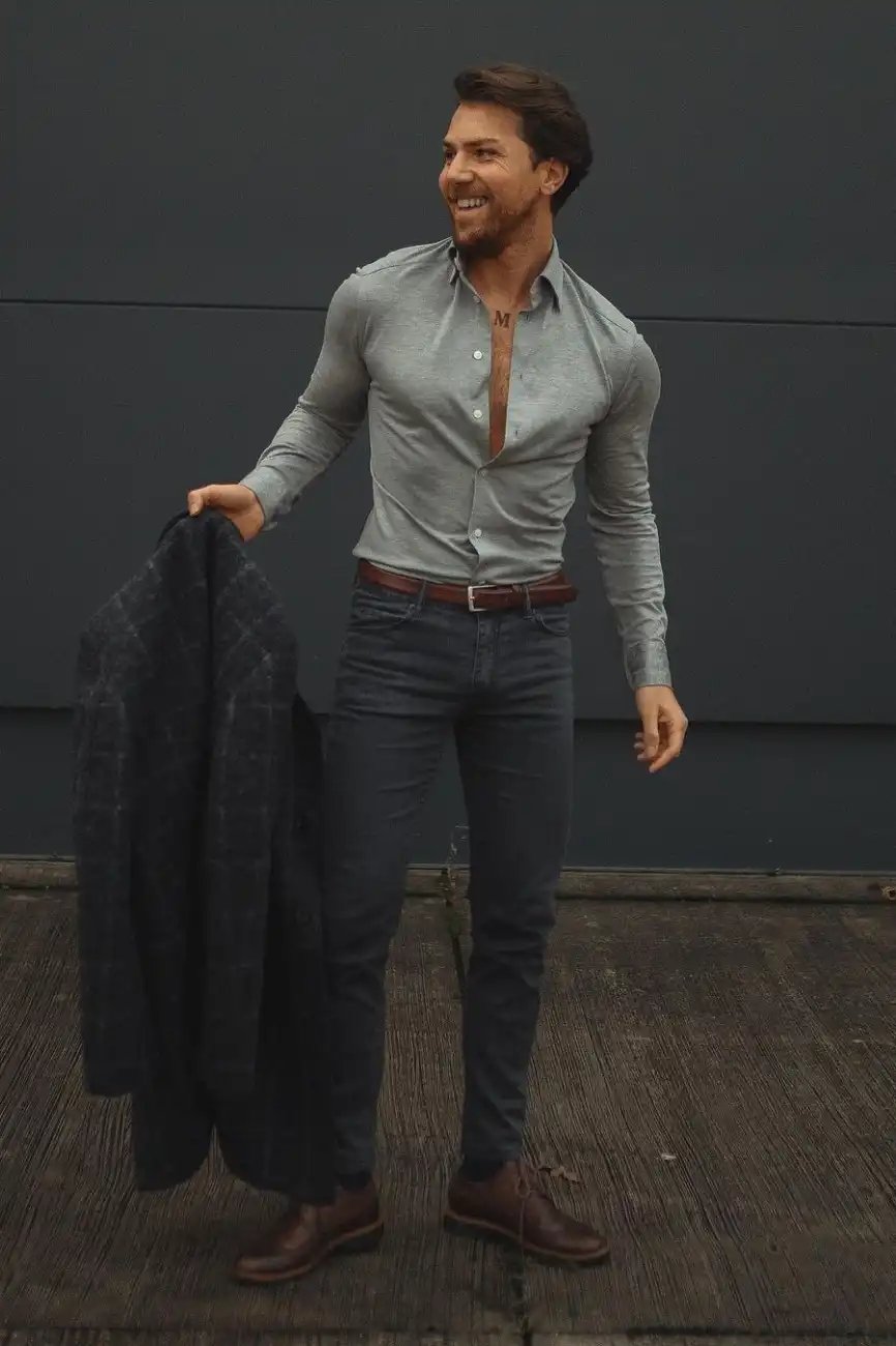 Grey Shirt With Faded Black Jeans