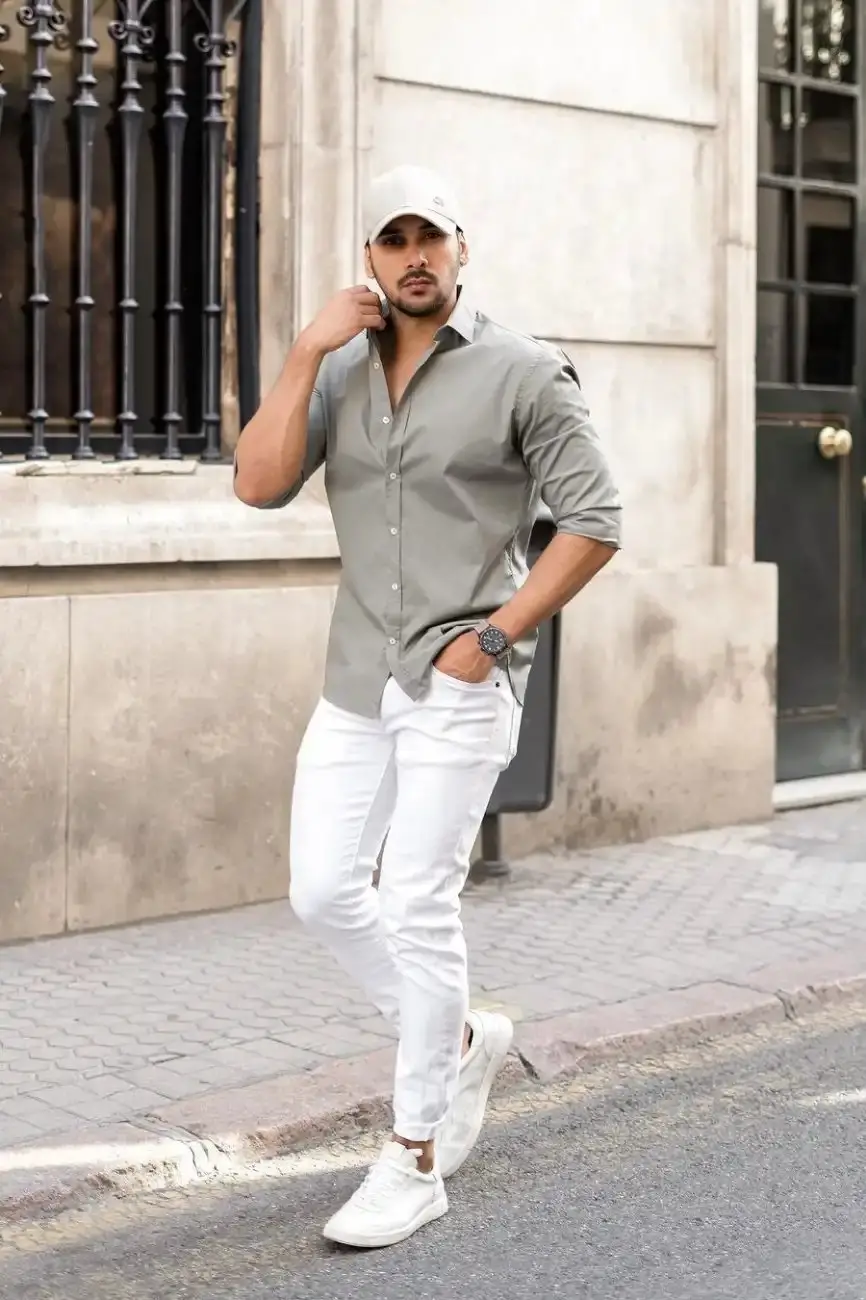 Grey shirt with white jeans