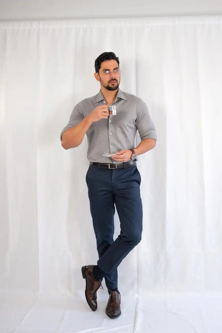 Grey Shirt with Navy-blue Trousers 