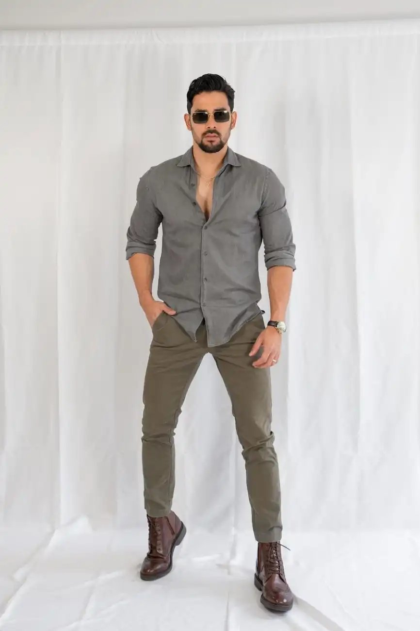 Grey Shirt with Olive Green Pants
