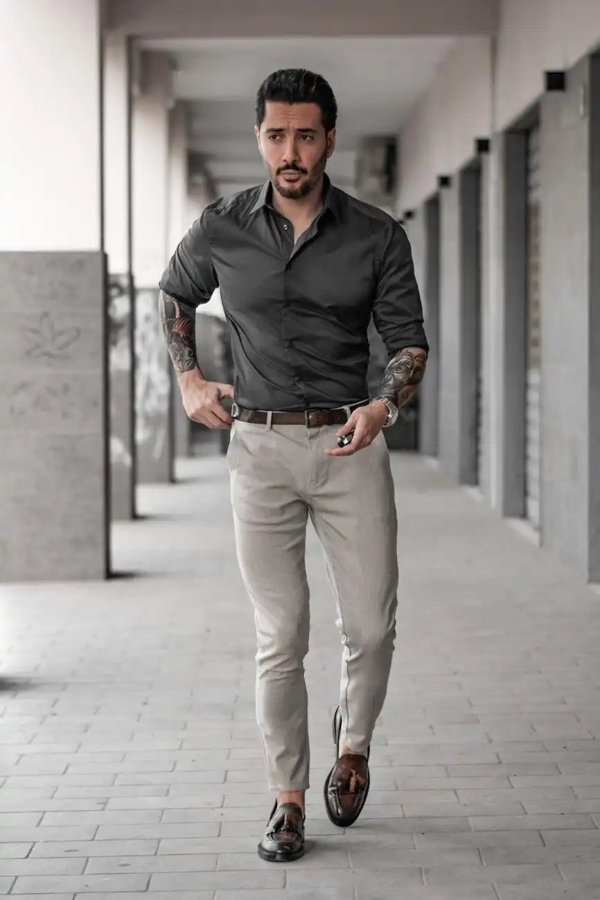 Grey Shirt with Beige Pants
