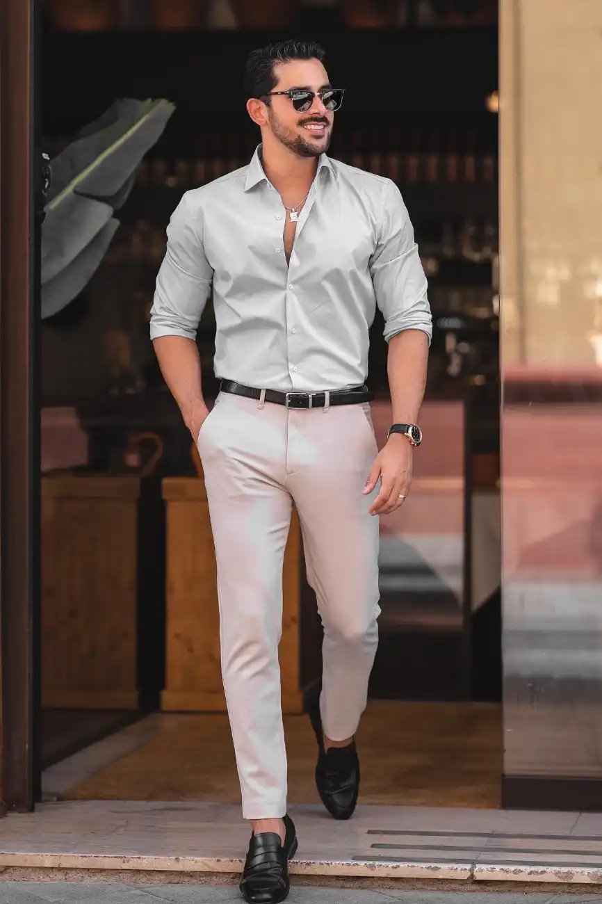 grey pants a white shirt and brown leather shoes  Shirt and pants  combinations for men Mens white dress shirt Grey dress pants