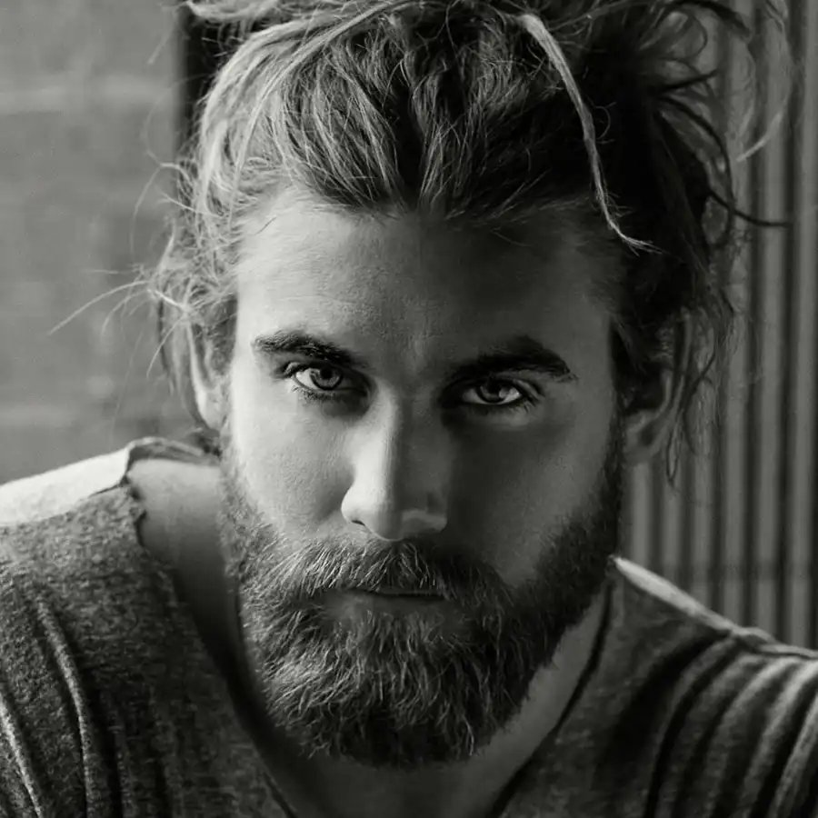 Man bun and beard look