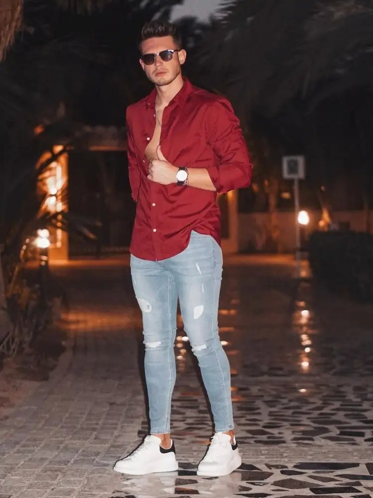 What Color Pants Go With Shirt Blue Denim Men Outfit Idea Inspiration Fashion Shirt Outfit Men, Red Outfits, Mens Outfits | icbritanico.edu.ar