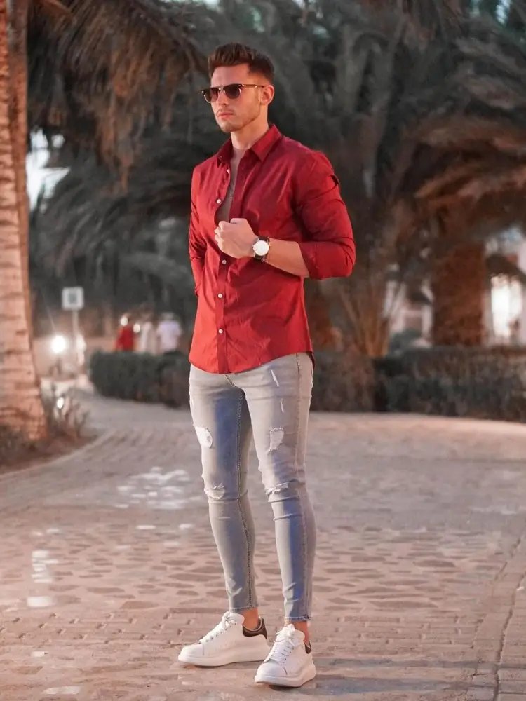 Red Shirt with grey Jeans