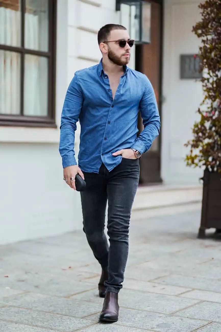 Faded Black Jeans With Blue Shirt