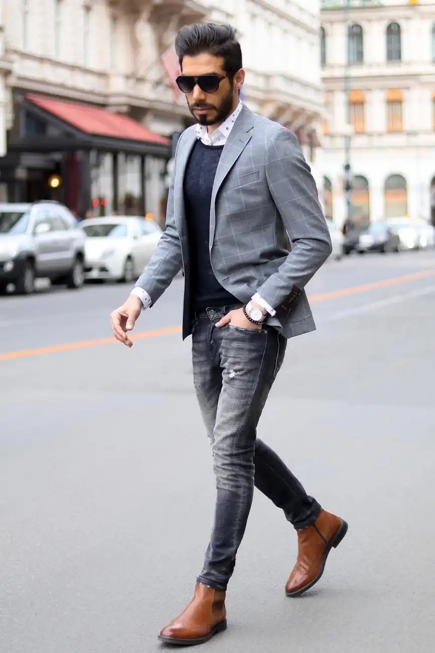 Blazers, sweater, shirts and jeans men's outfit combination 