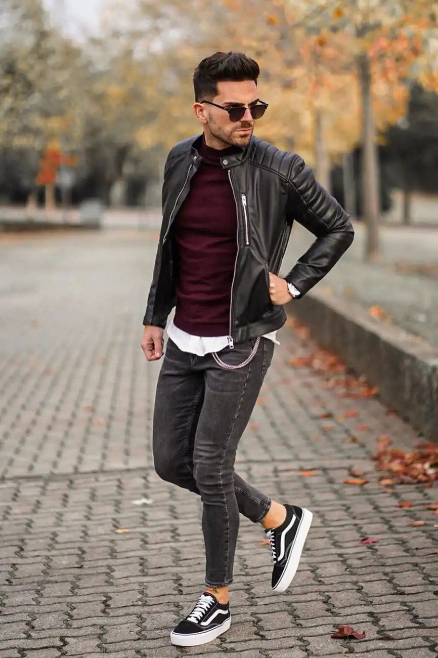 Sweater, shirt and leather jacket outfit combo men.