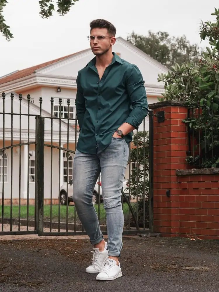 Green Shirt with Blue Jeans