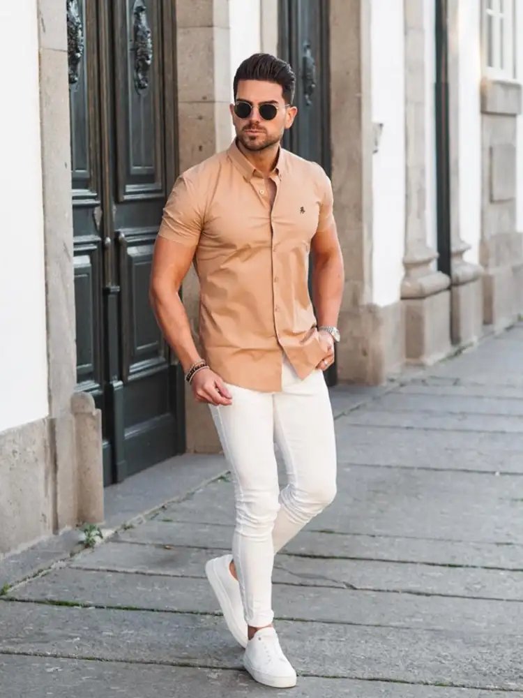 Khaki or Camel Color Shirt With white jeans