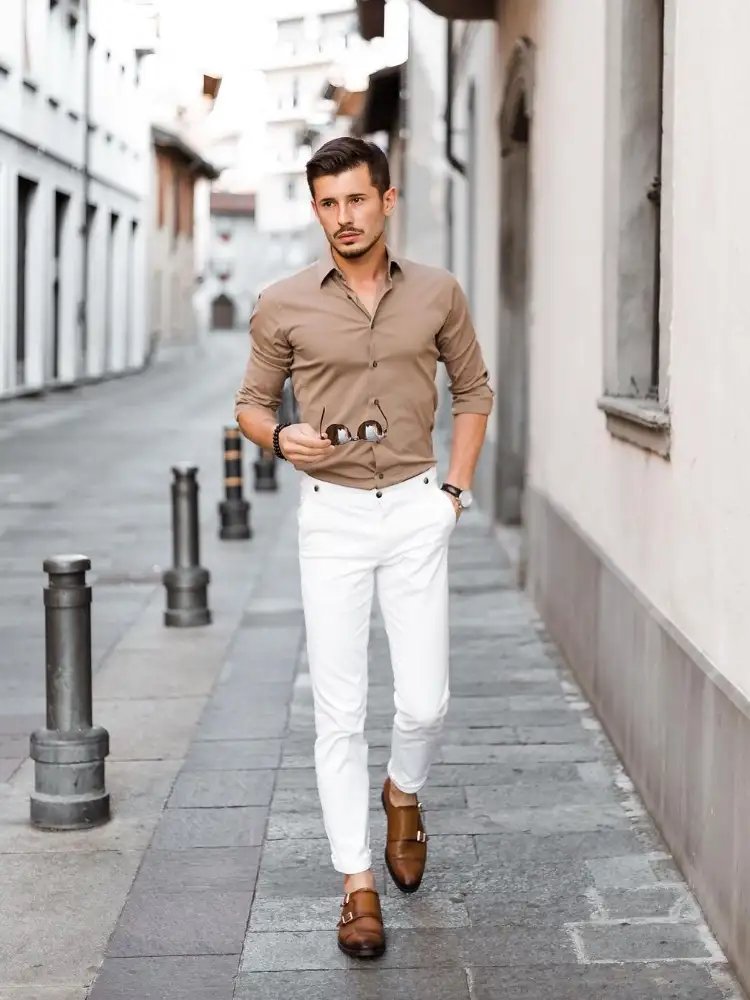 Khaki or Camel Color Shirt With White Pants