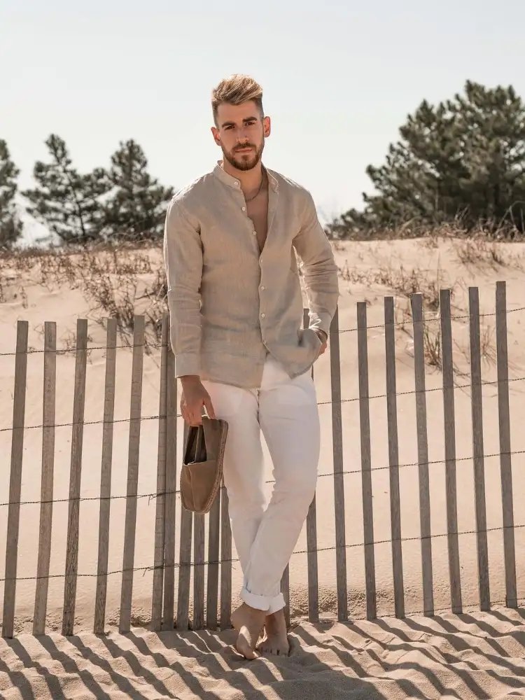 Khaki or Camel Color Shirt With White Pants