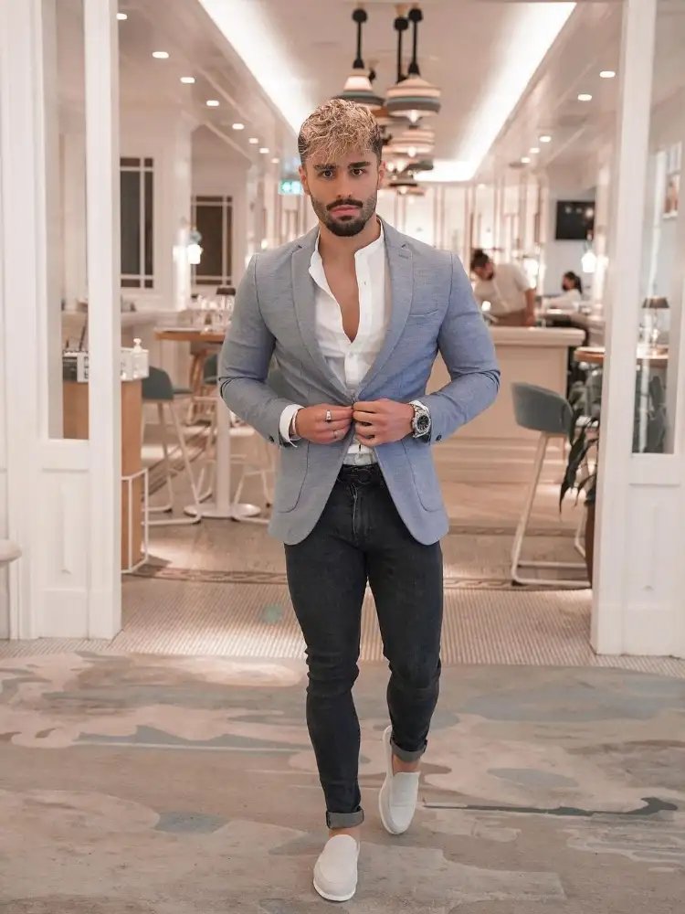 White shirt, charcoal jeans and grey blazers outfit combo 