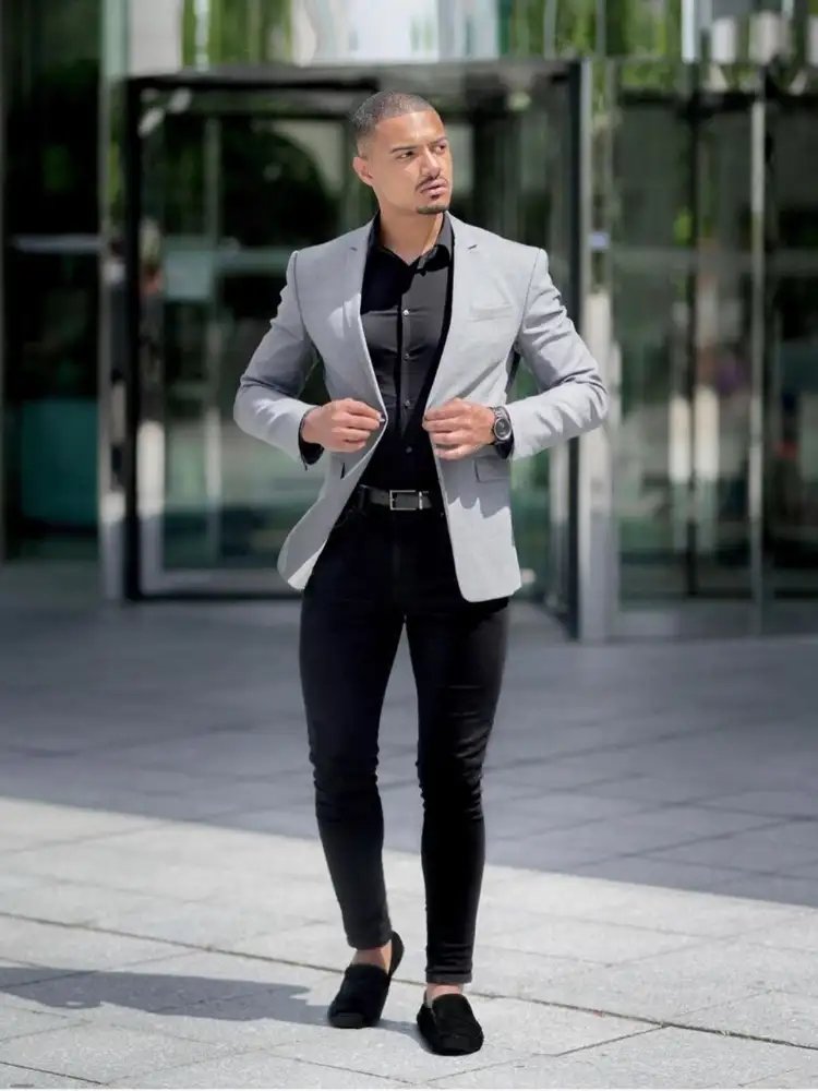 Black Shirt and Black Trousers With Grey Blazer