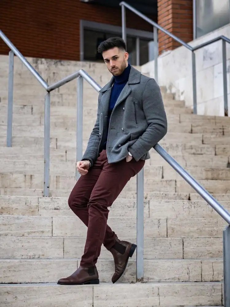 Brown Pants, highneck with grey blazer outfit