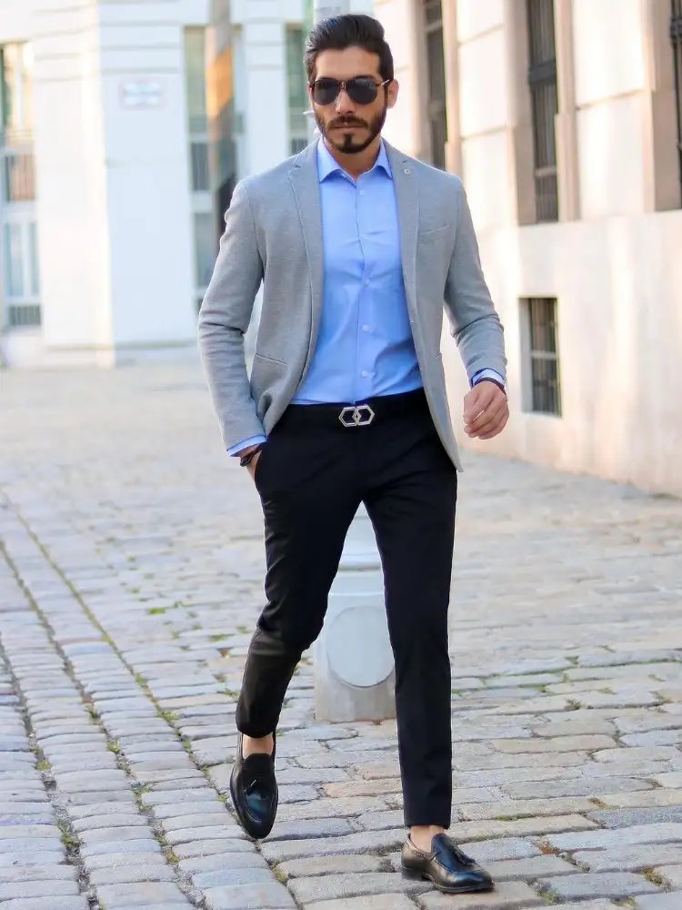 Blue shirt with grey blazer and black pants